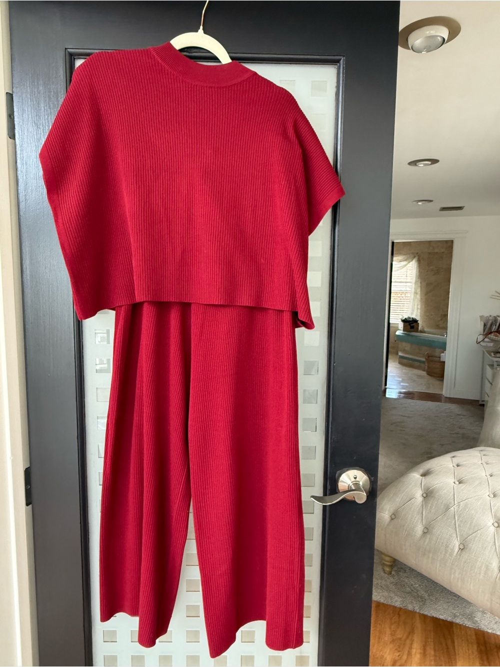 Zenana Outfitters Ribbed Wide-Leg Pants Set in Burgundy - Picture 2 of 4